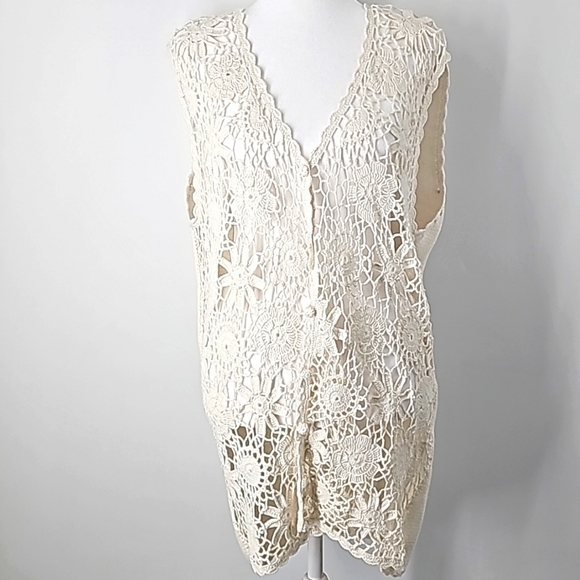 SMW Boho Crochet Cutout Open Knit High Low Sweater Vest w Solid Back - Picture 6 of 11